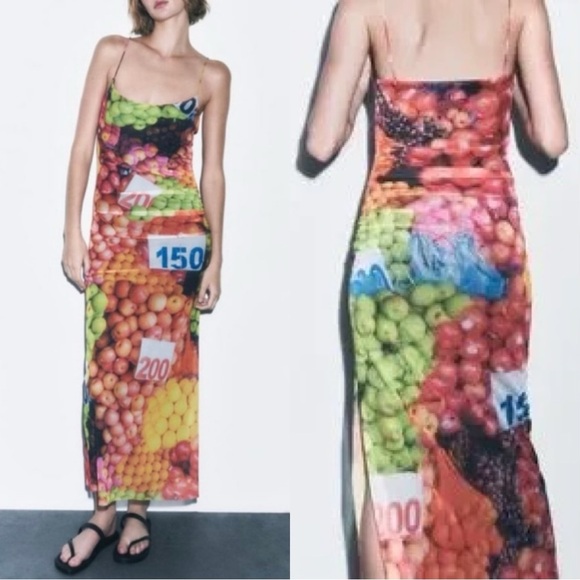Zara Dresses & Skirts - Zara Ruched Mesh Maxi Dress Strappy Sleeveless Fruit Stand Print Colorful Size S